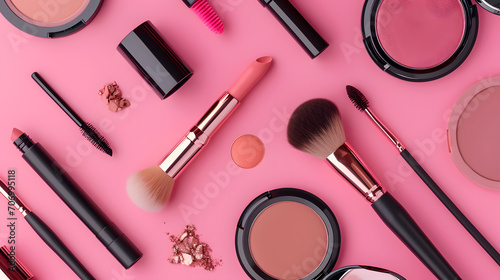 Group of trendy makeup products and brushes isolated on a pink background. Make up equipment