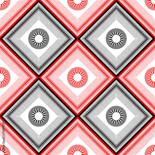 Tricolor black and white red geometric seamless pattern, for the design of a tablecloth, scarf, hijab