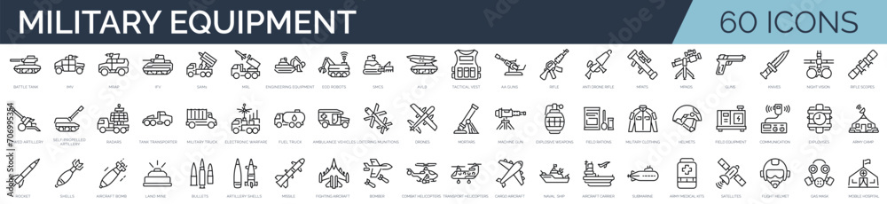 Set of 60 outline icons related to military equipment. Linear icon collection. Editable stroke. Vector illustration - obrazy, fototapety, plakaty 