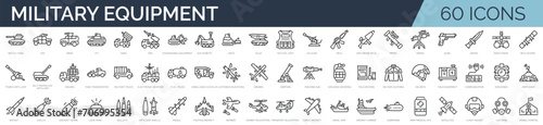 Set of 60 outline icons related to military equipment. Linear icon collection. Editable stroke. Vector illustration