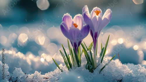 Crocuses open amidst snow patches, close-up, anticipation of spring, nature awakens © Татьяна Креминская