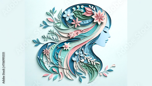 Illustration of face and flowers style paper cut, Women's Day, the eighth of March © Mariia