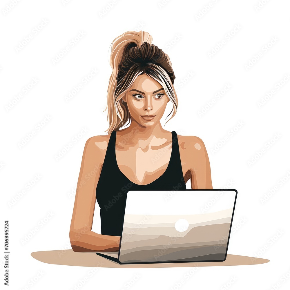 A beautiful business girl works on a computer. Illustration. Art. AI generated.
A beautiful business girl works on a computer. Illustration. Art. AI generated.