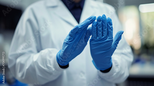 Close up of doctor putting on blue latex gloves, while wearing a white lab coat.