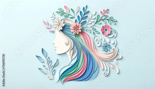 Illustration of face and flowers style paper cut  Women s Day  the eighth of March
