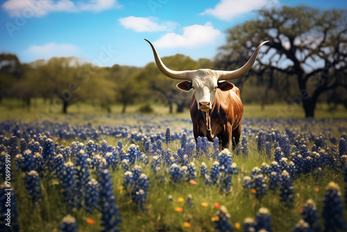 Texas Longhorn cow in a field of bluebonnets in spring
