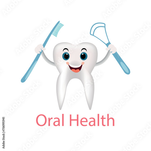 World Oral Health Day.cartoon of smiling tooth on white background.in his hands a toothbrush and mouth cleaner.