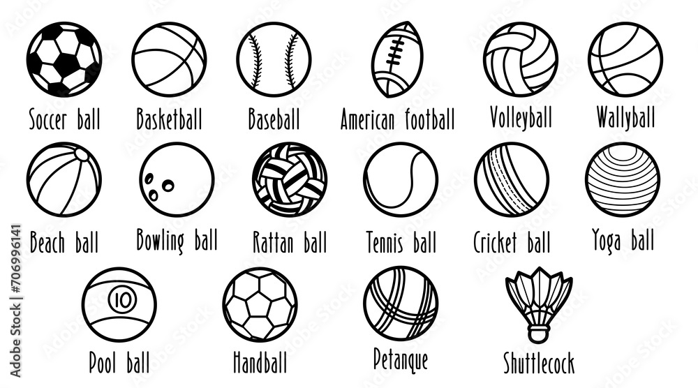 Collection of various sports balls and equipment, icons doodle line art style, vector illustration. Collection of various sports balls and equipment, icons doodle line art style, vector illustration.