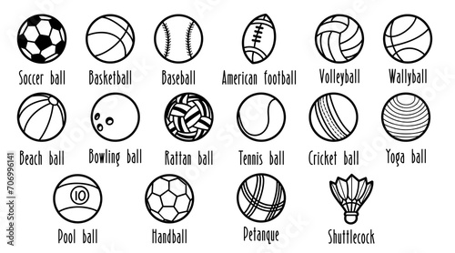 Collection of various sports balls and equipment, icons doodle line art style, vector illustration. photo