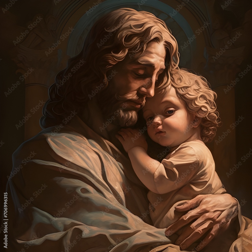 Captivating and original representation of Jesus cradling a baby in his