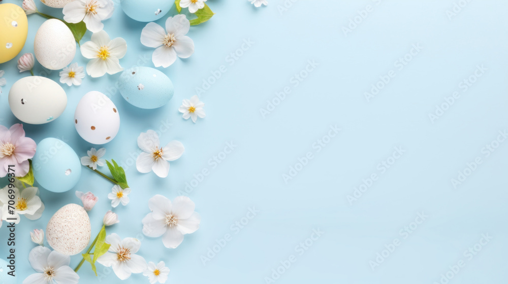 Easter frame of pastel eggs and spring blossom flowers on blue background. Religion tradition pattern. View from above. Flat lay. Greeting card. Copy space.