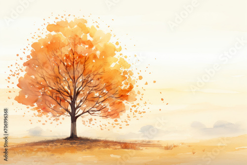Watercolor painting colorful landscape. Autumn alone tree, orange and read leaves