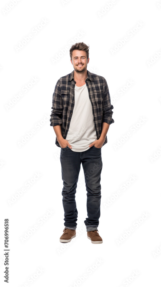 Smart handsome young man standing smiling happily on PNG transparent background. Smart handsome young man standing smiling happily on PNG transparent background.