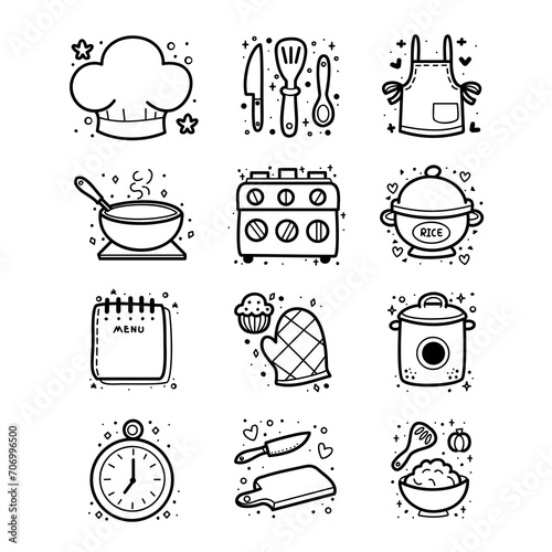 Collection of cozy kitchenware and utensils elements, cute hand drawing icons, vector illustration.