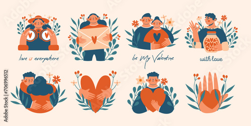 Set of illustrations with cute persons, who hugging, people, lovers, man, woman, couple. Saint Valentine's Day. Clip arts for card with love letter, jar with heart, flowers, plants, binoculars, hands.