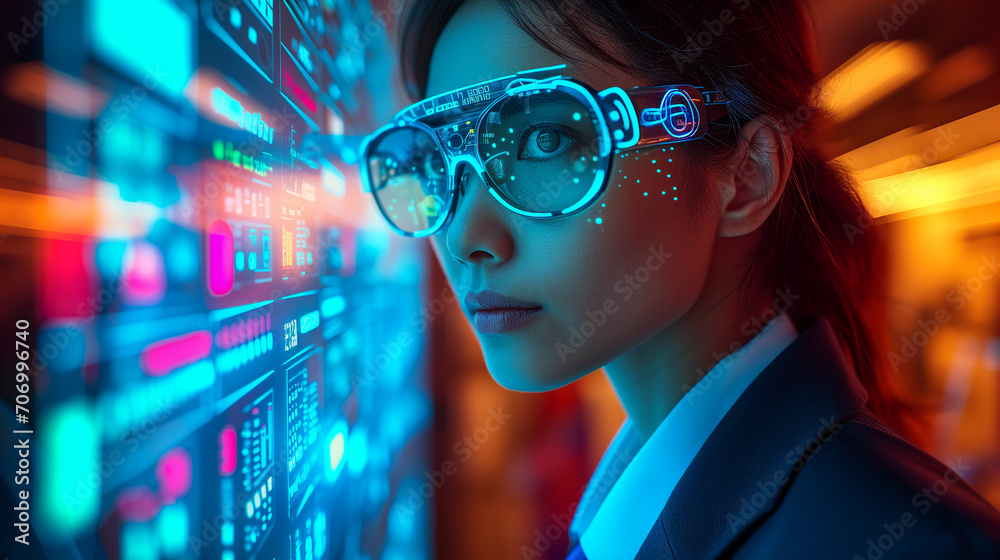 Portrait of a woman looking at augmented reality display wearing eyeglasses. Portrait of a woman looking at augmented reality display wearing eyeglasses.
