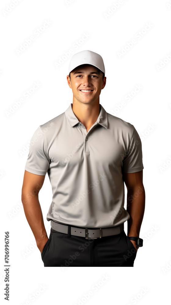 Lone golfer standing happily smiling on PNG transparent background. Lone golfer standing happily smiling on PNG transparent background.