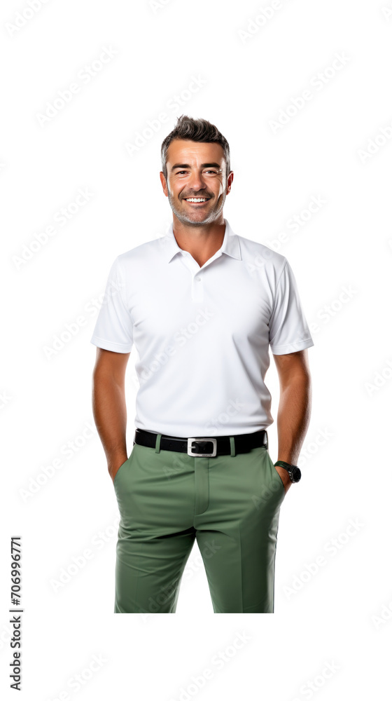 Fototapeta premium Lone golfer standing happily smiling on PNG transparent background.