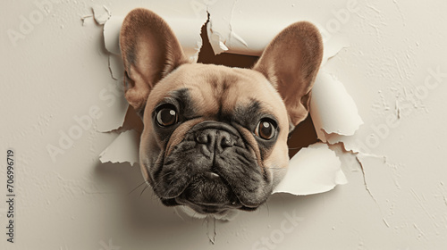 Adorable French Bulldog Playfully Peeking Through Paper Wall photo