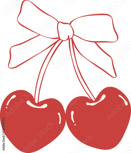 Coquette cherries heart shape with ribbon bow flat design