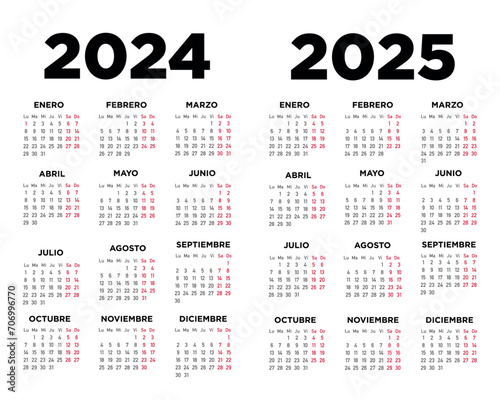 Calendario 2024 2025 en español. Semana comienza el lunes. Sábados y domingos en rojo. Ilustración 