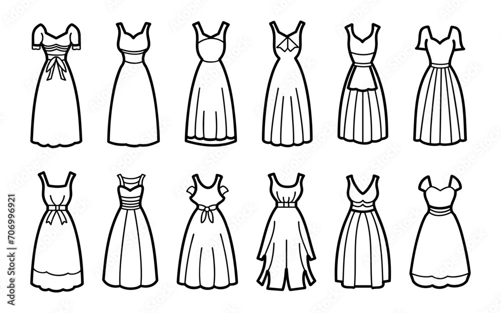 Collection of elegant line art dress, clean sketch style, fashion design templates for dressmaking, vector illustration. Collection of elegant line art dress, clean sketch style, fashion design templates for dressmaking, vector illustration.