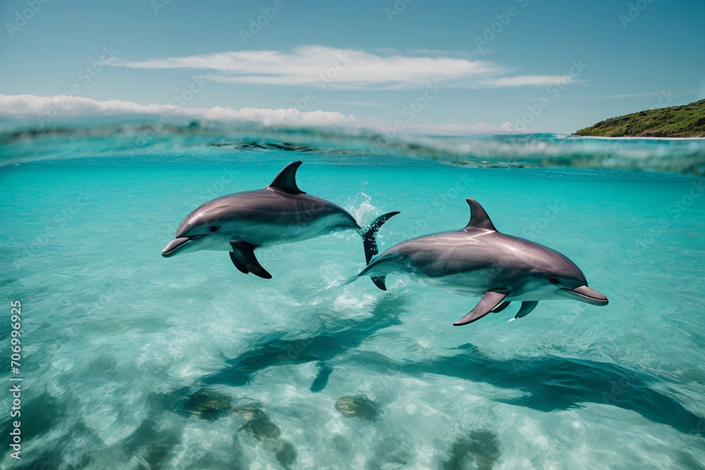 Naklejka premium Dolphins swim in water