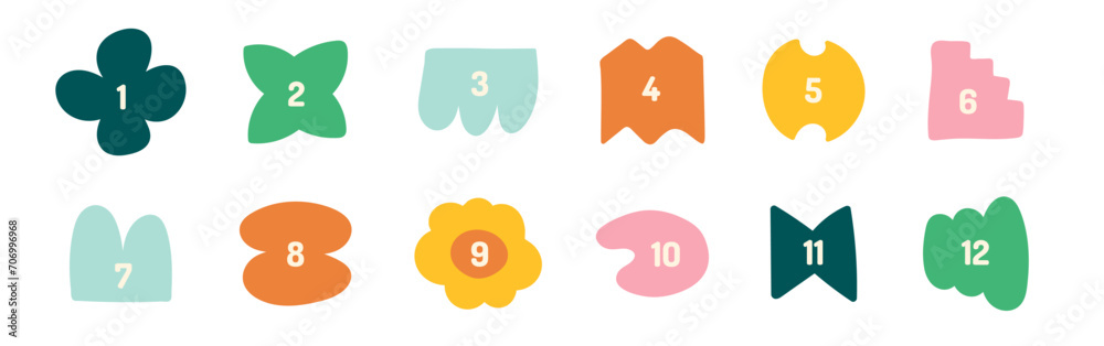 Cute doodle drawing bullet points 1 to 12. Funny shapes numbers set childish style Cute doodle drawing bullet points 1 to 12. Funny shapes numbers set childish style
