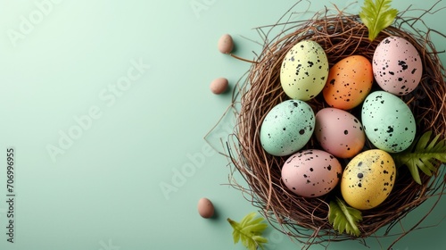 Decorated easter eggs in a nest on a light-green background with a copy space, top view. AI generative