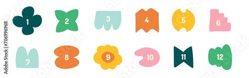 Cute doodle drawing bullet points 1 to 12. Funny shapes numbers set childish style photo
