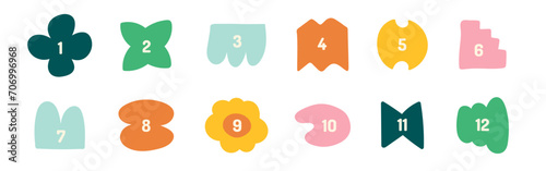 Cute doodle drawing bullet points 1 to 12. Funny shapes numbers set childish style