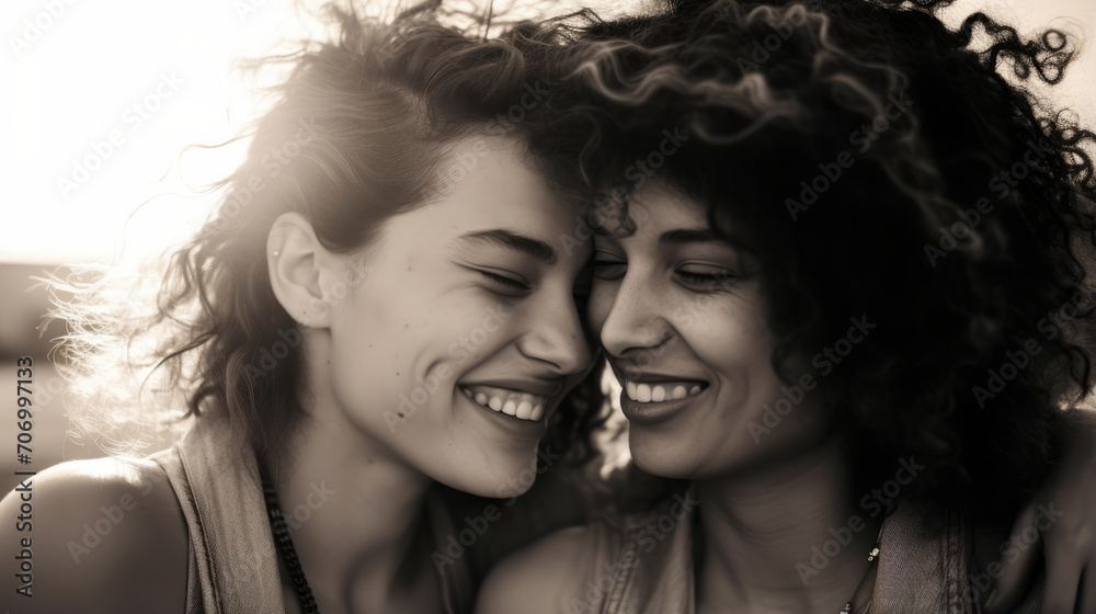 Close up portrait Two Women LGBT, young female friends hangout ,enjoying and relaxing in beautiful summer vacation. They hug each other.