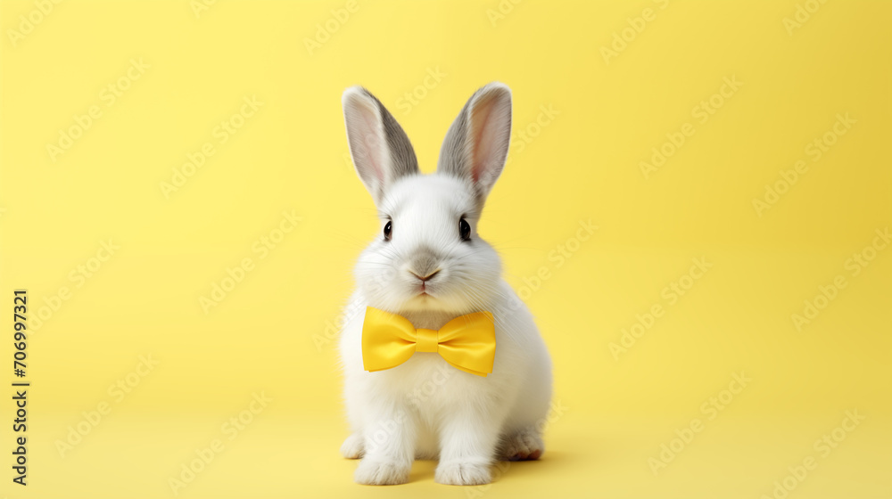 A white-colored rabbit wearing a yellow bow tie, stands alone with ample room for an Easter-themed, studio setting on a yellow background