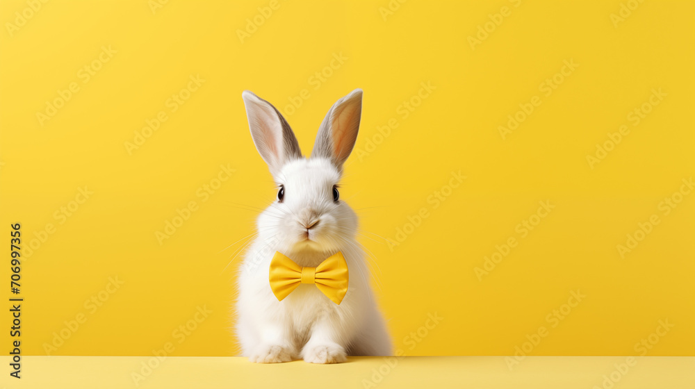 A white-colored rabbit wearing a yellow bow tie, stands alone with ample room for an Easter-themed, studio setting on a yellow background A white-colored rabbit wearing a yellow bow tie, stands alone with ample room for an Easter-themed, studio setting on a yellow background