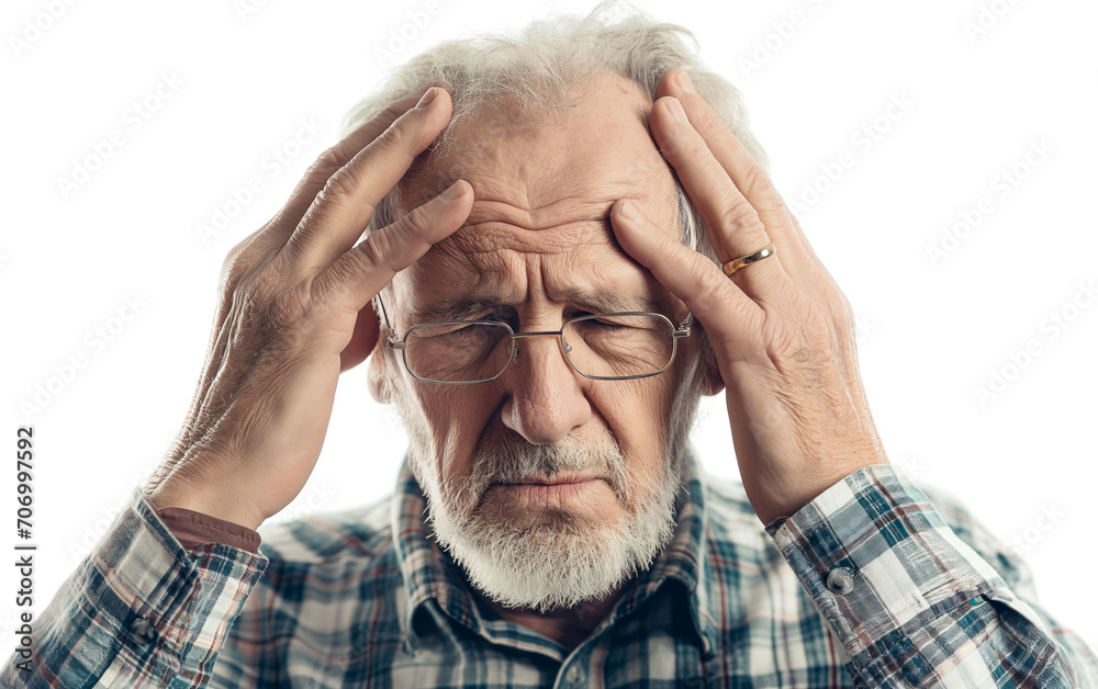 An elderly man suffers from a headache and puts her hands on her temples An elderly man suffers from a headache and puts her hands on her temples