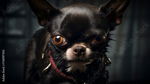 A chihuahua with a black collar is loogking at the camera., enerative ai © Muazma