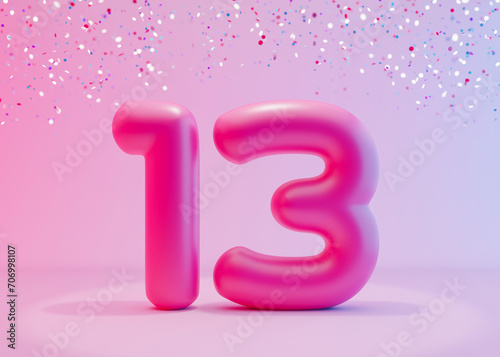 Vibrant number thirteen with colorful confetti on pink background. Symbol 13. Invitation for a thirteenth birthday party or business anniversary. Neon light and colors. 3D render. photo