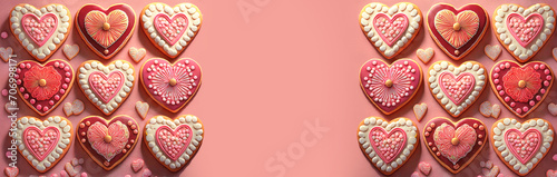 Walentynkowe tło z lukrowanymi ciasteczkami w kształcie serc i miejscem na tekst