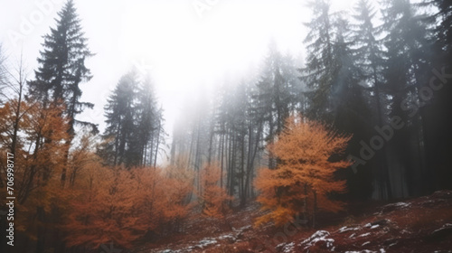 Autumn forest with fog and snow high in the mountains.
