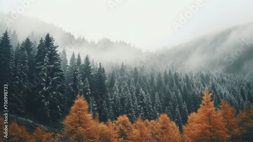 Autumn forest with fog and snow high in the mountains. © Santy Hong