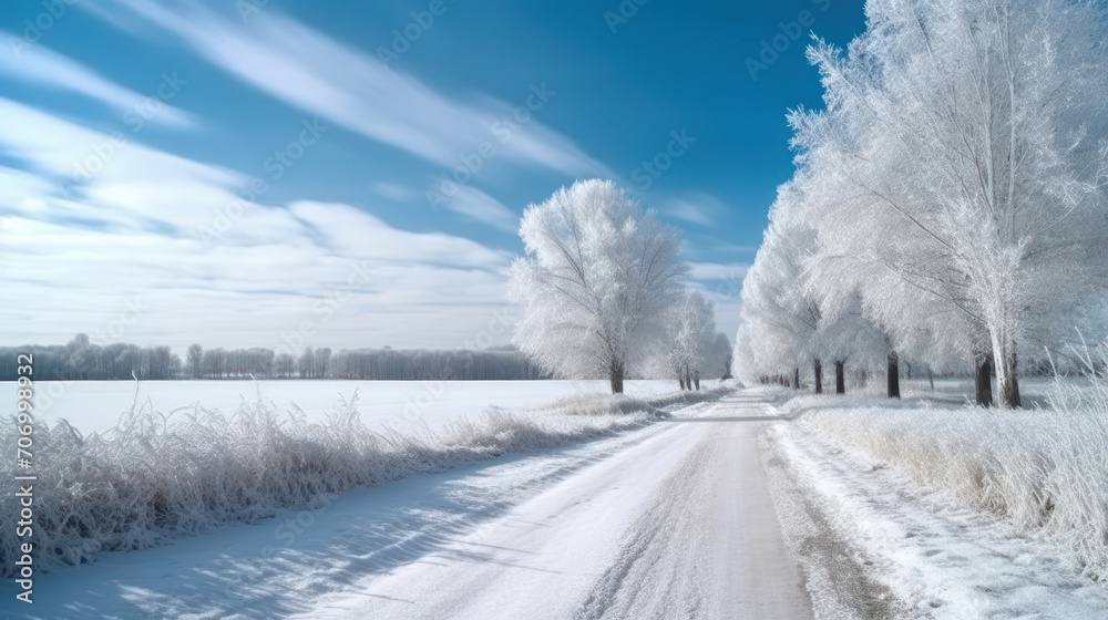 Dirt road leading to frosted woodland along snowy farmland under blue sky with white fluffy clouds Ai Generative.