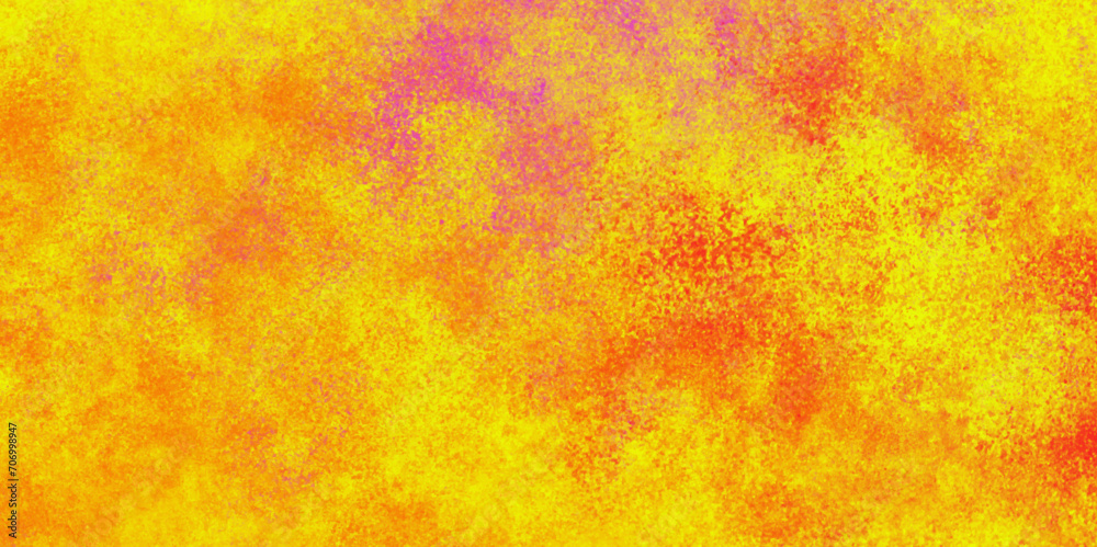  Abstract illustration with colorful gradient clouds. Freeze motion of color powder splash. Closeup of yellow and red or pink dust particles exhale on dark background.