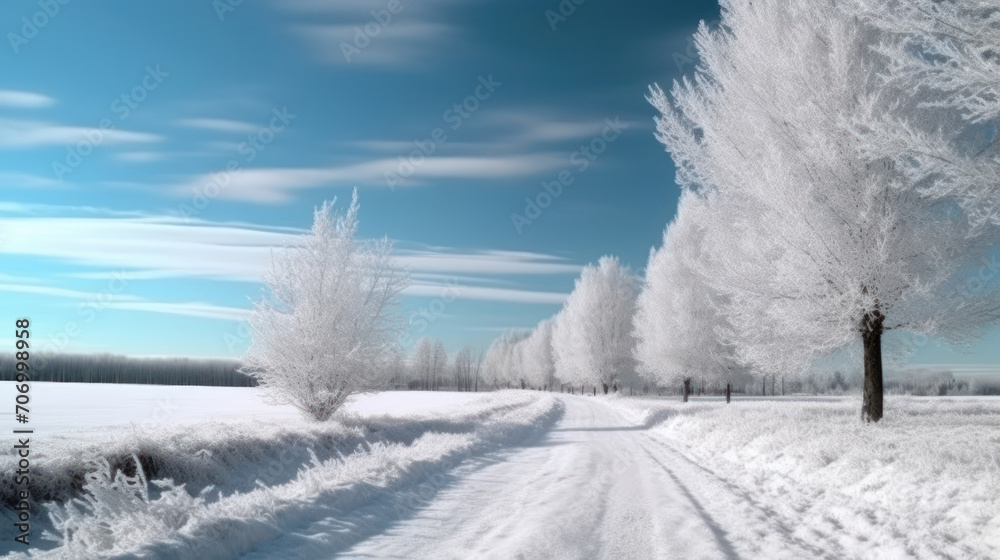 Dirt road leading to frosted woodland along snowy farmland under blue sky with white fluffy clouds Ai Generative. Dirt road leading to frosted woodland along snowy farmland under blue sky with white fluffy clouds Ai Generative.