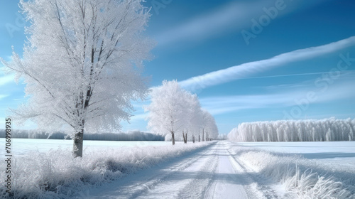 Dirt road leading to frosted woodland along snowy farmland under blue sky with white fluffy clouds Ai Generative. © Santy Hong