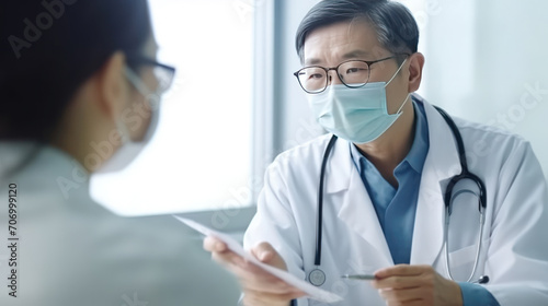 Physician talking with senior man at clinic. Asian woman Doctor wear eyeglasses and surgical mask giving advice to Elderly patient at hospital. Ai Generative.