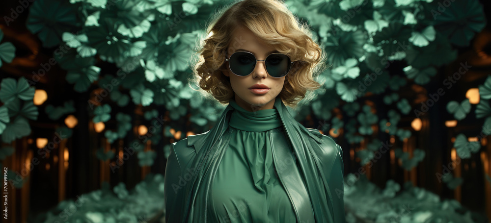 Stylish woman in sunglasses against green leaves background