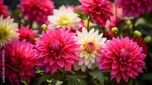 Colorful dahlias in full bloom close-up
