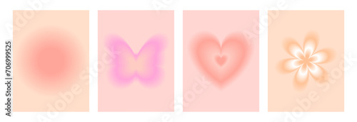 Set of trendy aura gradient template backgrounds in y2k style. Soft blurry effect posters in pastel colors for social media. Vector   