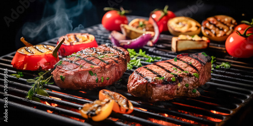Grilled steaks and vegetables on a flaming barbecue grill