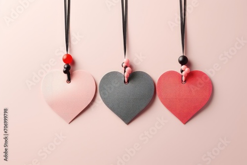 valentines gift tags with red hearts hanging on pink background